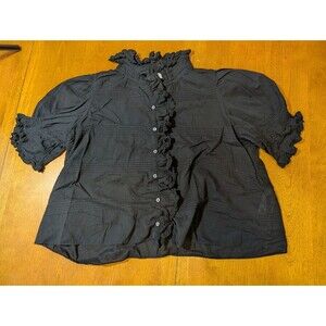 DÔEN Black Organic Cotton Ruffle Blouse XL Pintuck Smocked Sleeve Boho Cottage